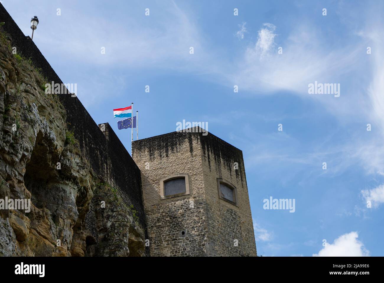 Luxembourg city, May 2022.  the luxembourg and european flags fly in the city center Stock Photo