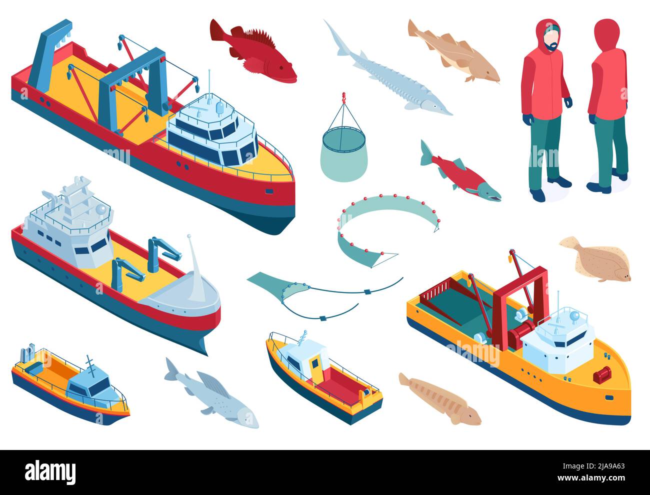 Commercial fishing trawlers for industrial seafood production color set ...