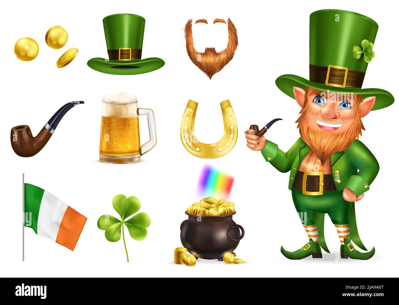 Saint patrick day realistic set of leprechaun in green hat pot with treasures shamrock horseshoe irish flag icons isolated vector illustration Stock Vector