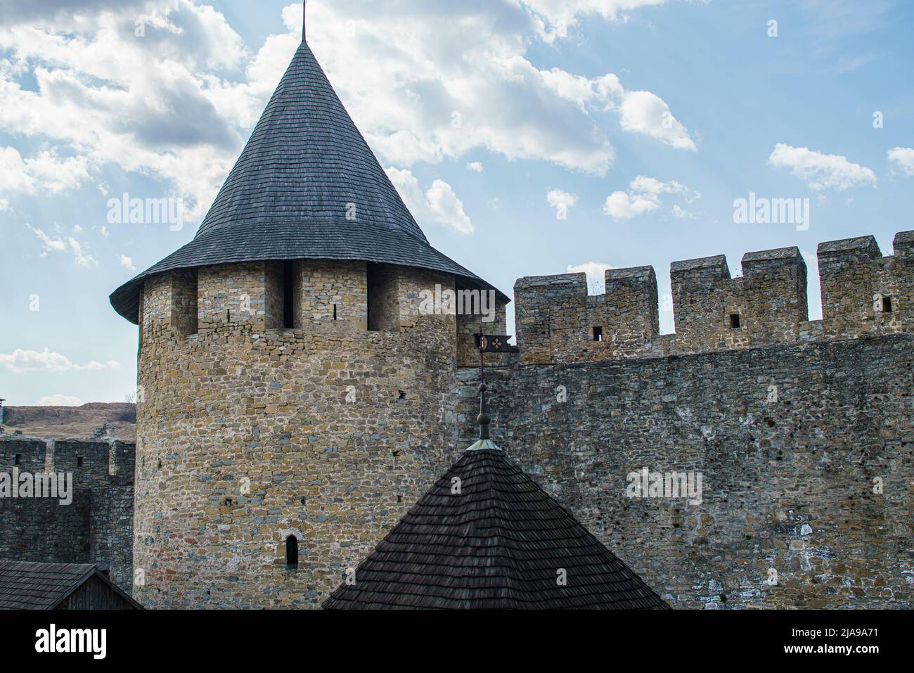 view of an ancient stone fortress with a tower Stock Photo - Alamy
