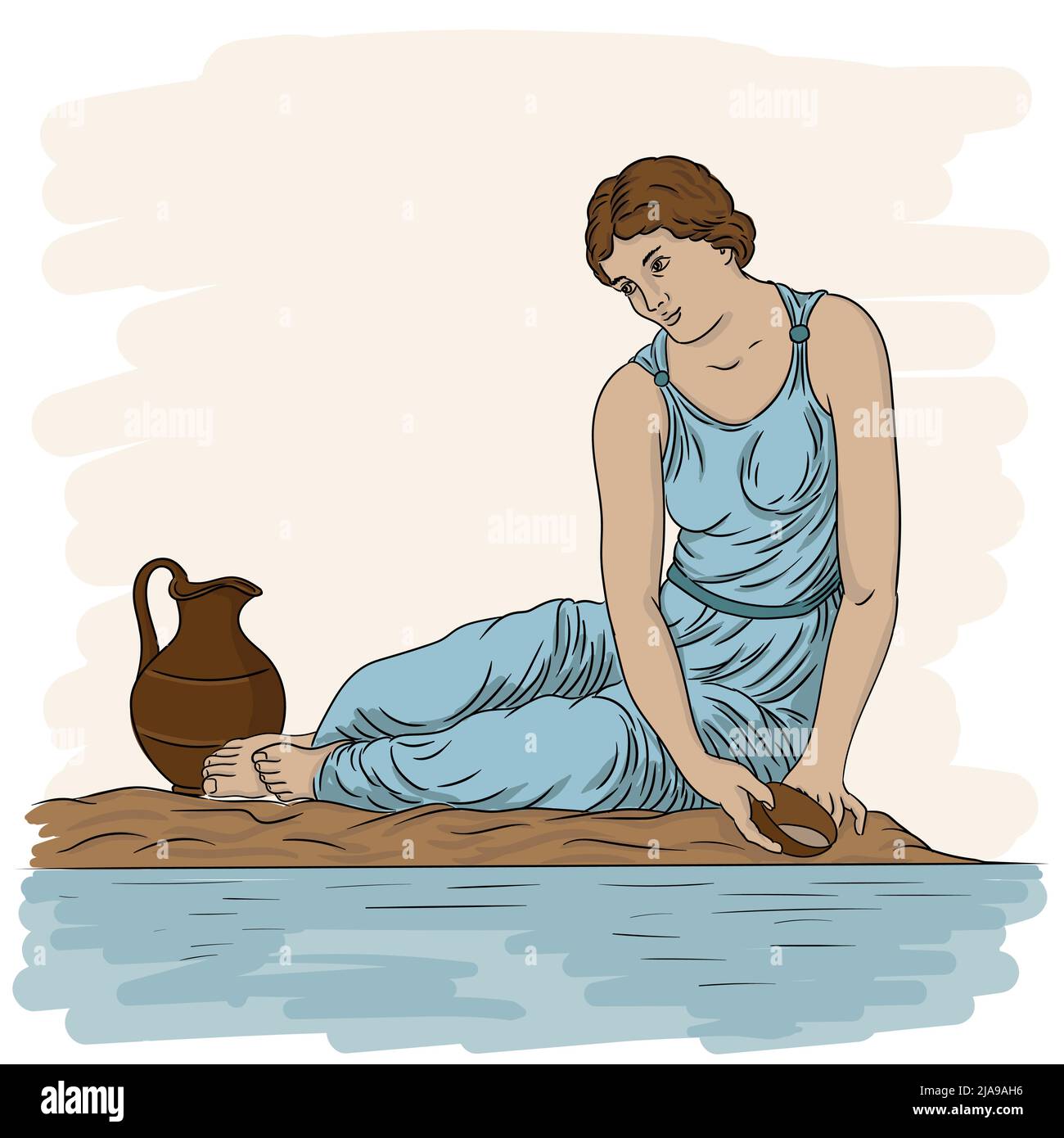 A young ancient Greek woman sits on the bank of the river with a bowl and collects water in a jug. Stock Vector