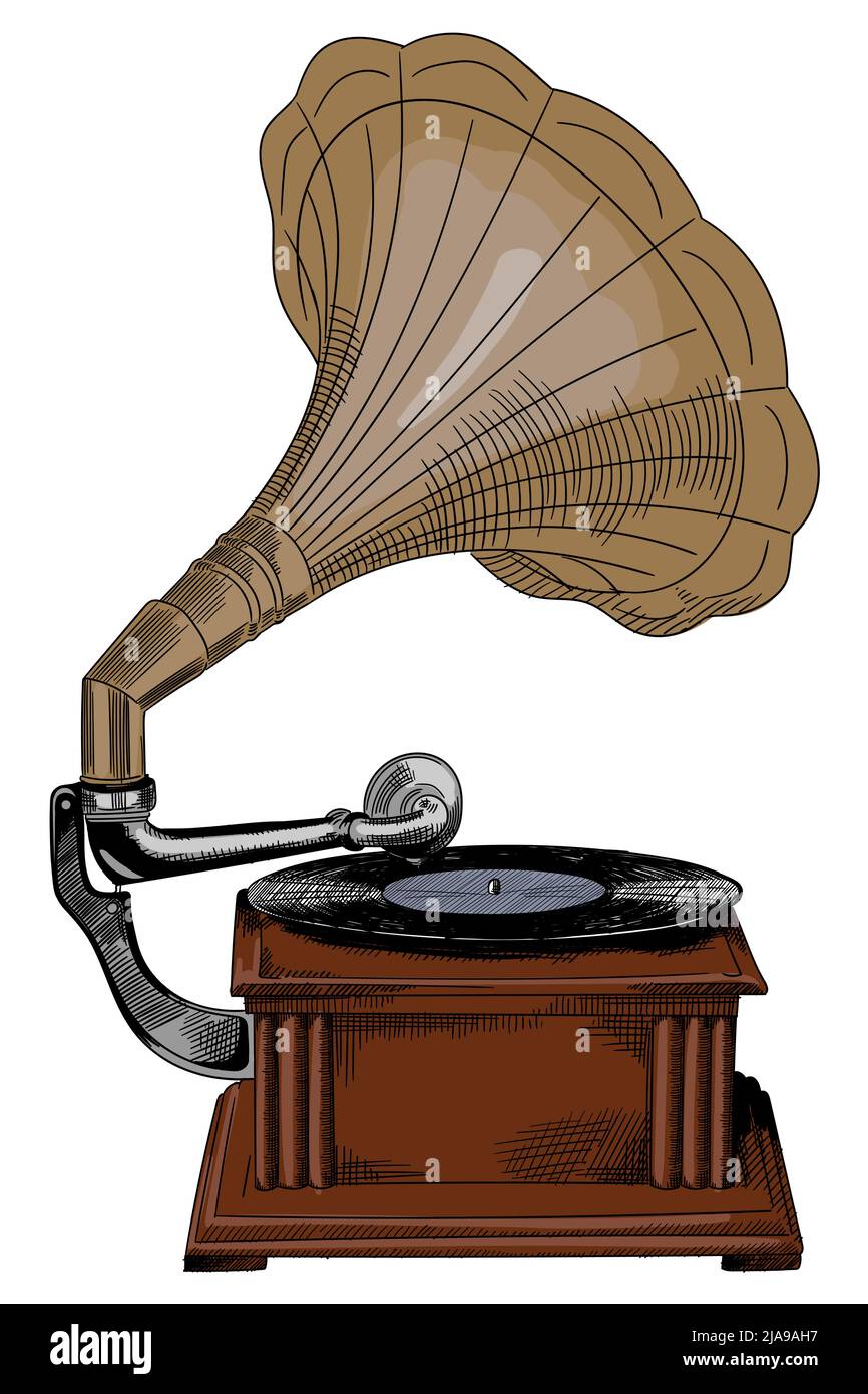 Antique vintage wooden gramophone with record and speaker. Stock Vector