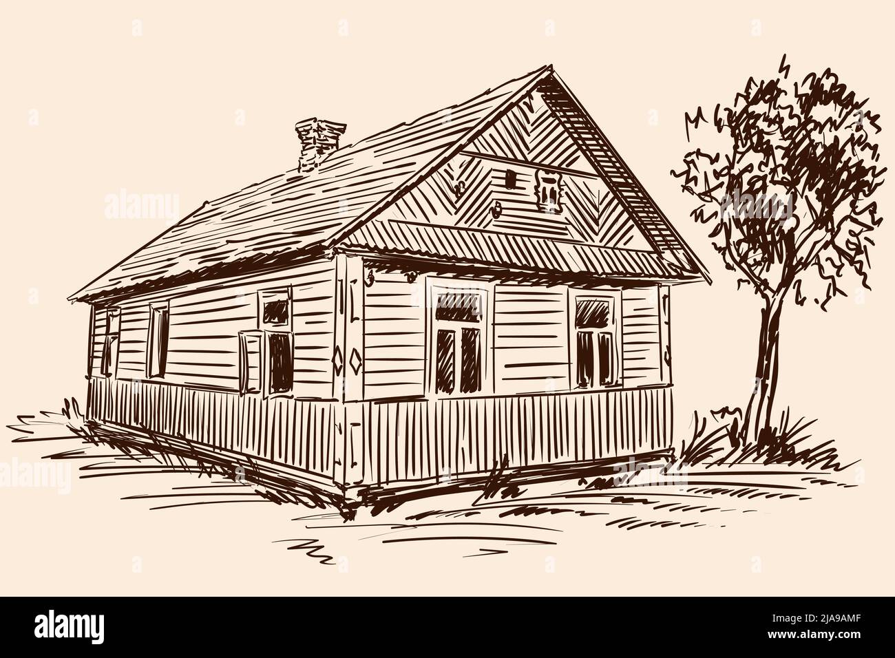 Hand sketch on a beige background. Old rustic wooden house and tree