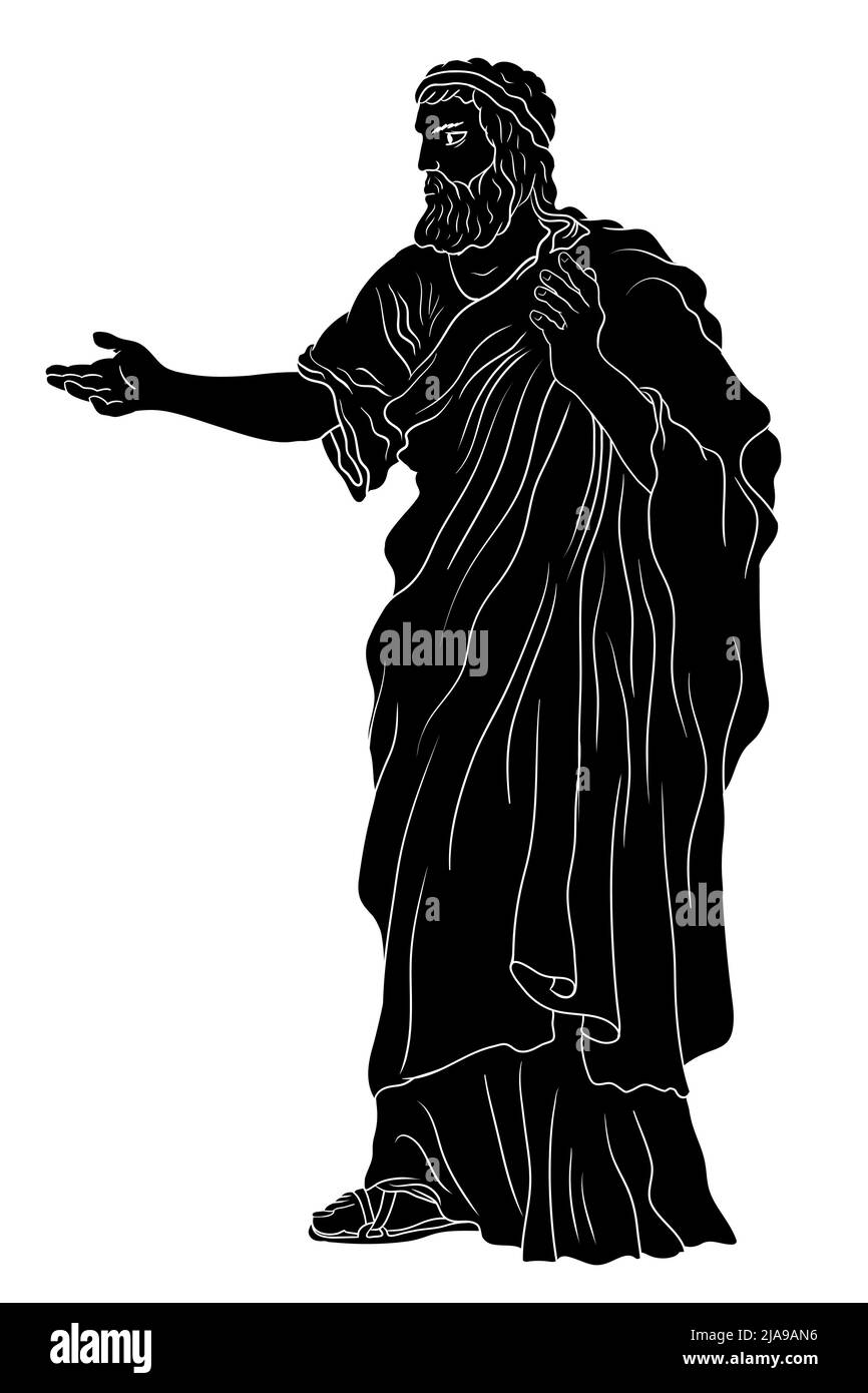 An old man with a beard in ancient Greek clothes stands and gestures. Black silhouette isolated on a white background. Stock Vector