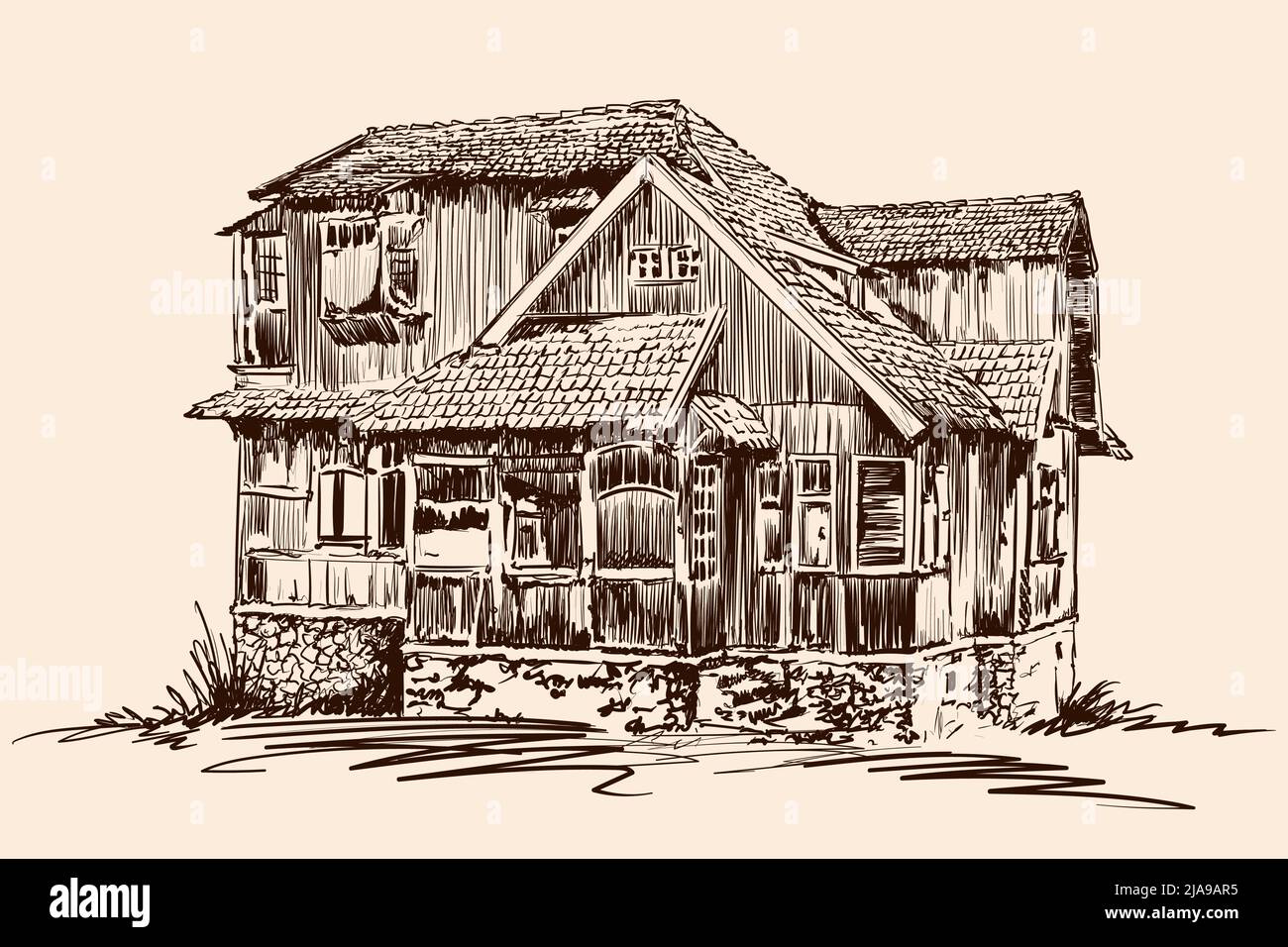 Hand sketch on a beige background. Old rustic wooden house on a stone ...