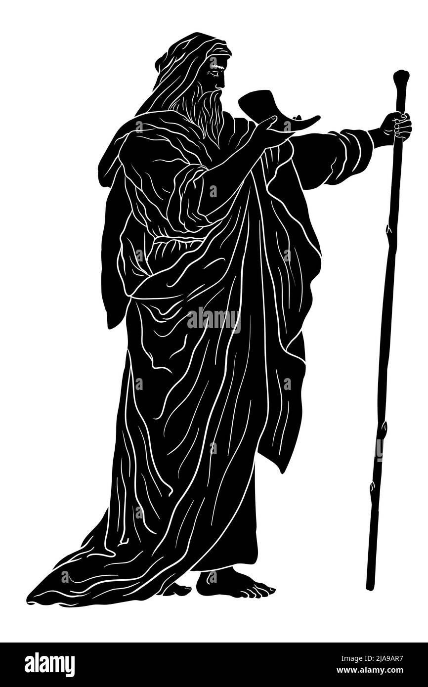 Ancient Greek old man in a cloak with a staff and a horn in his hands. Stock Vector