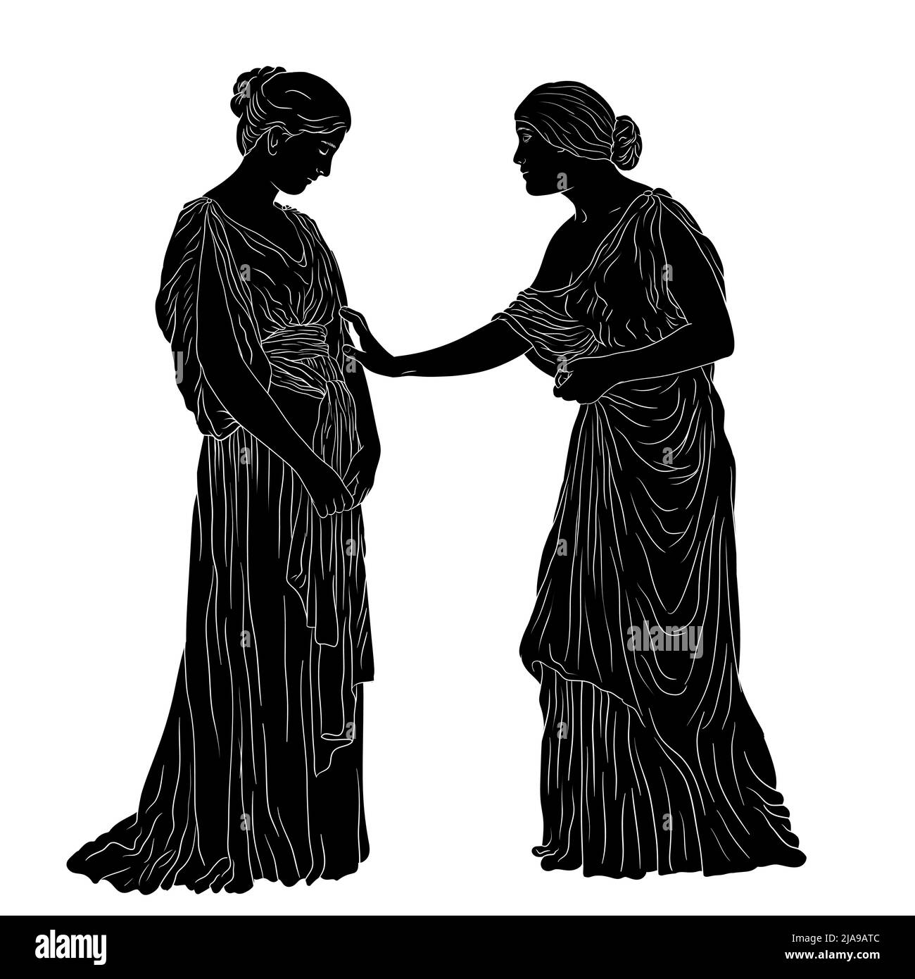 Two young ancient Greek women in tunics stand and talk. Silhouette isolated on a white background. Stock Vector