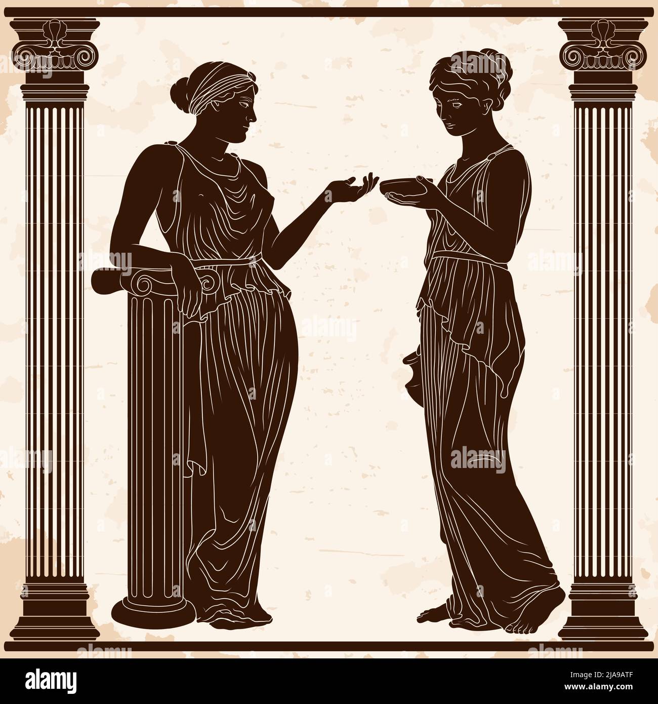 An ancient Greek young woman in a tunic with a jug in her hands serves a cup of wine to the lady. Two girls between the columns. Stock Vector