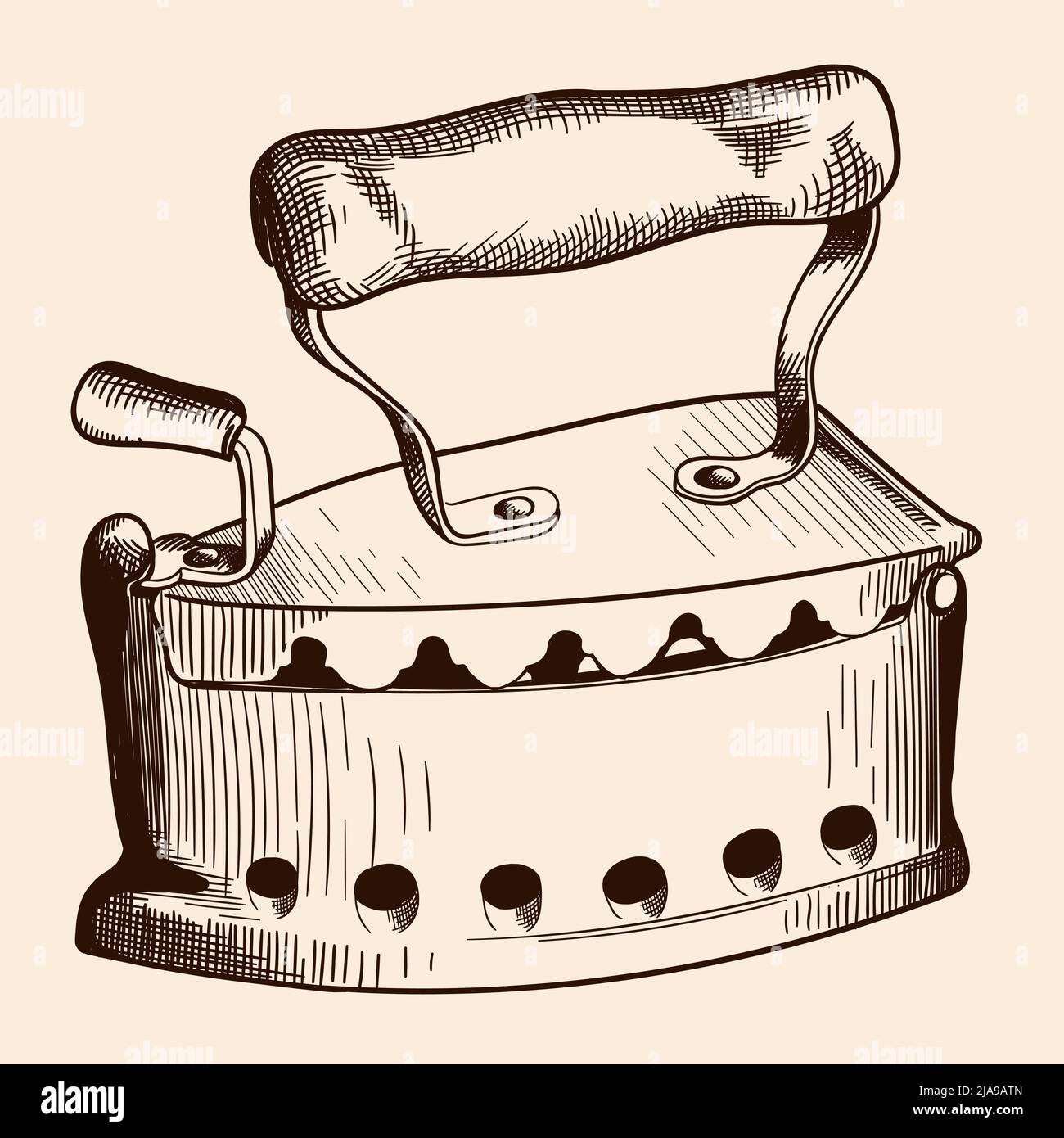 Old vintage charcoal iron with wooden handle. Hand sketch Stock Vector