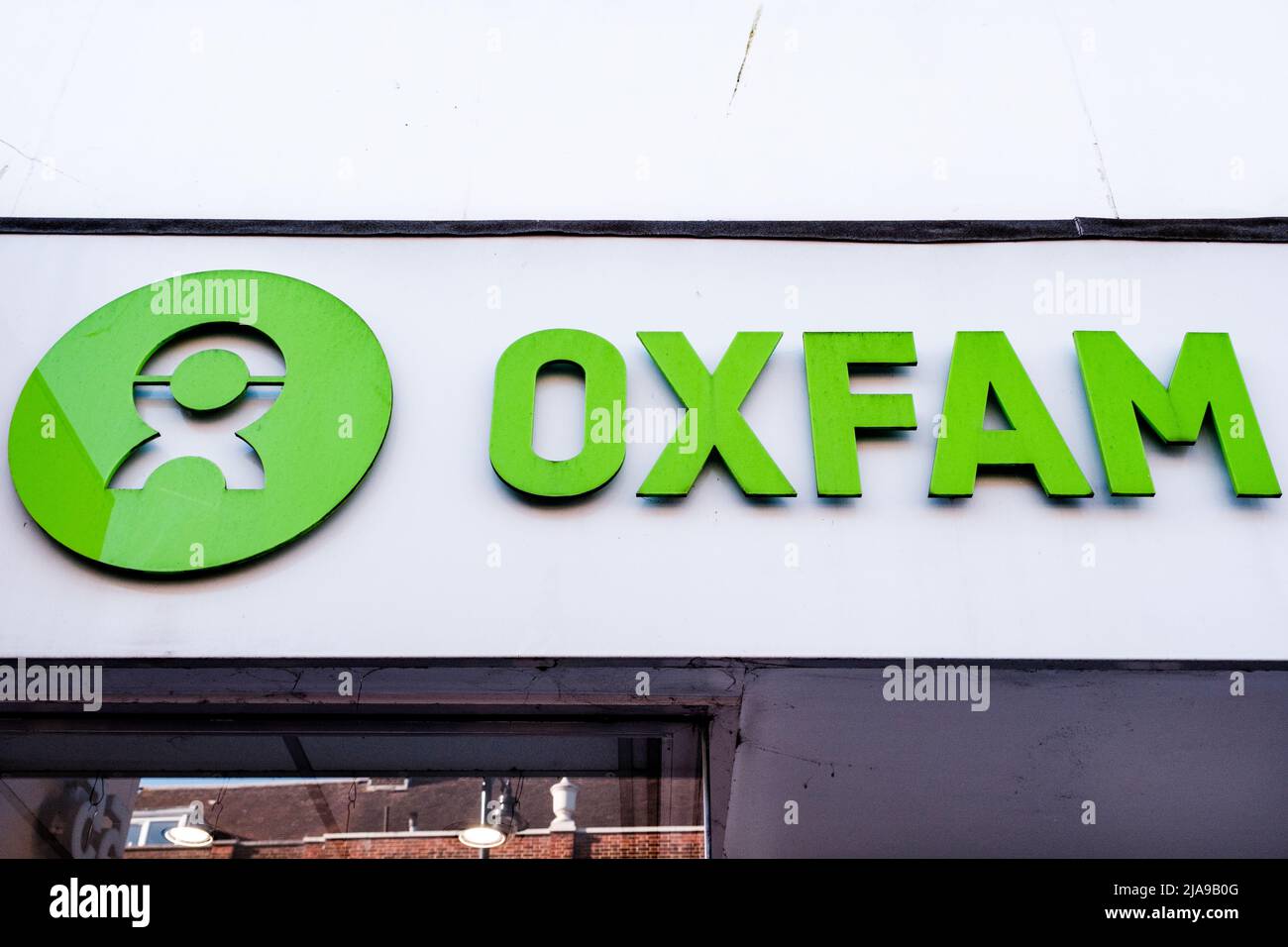 Epsom Surrey, London UK, May 28 2022, Oxfam Charity Shop Sign And Logo