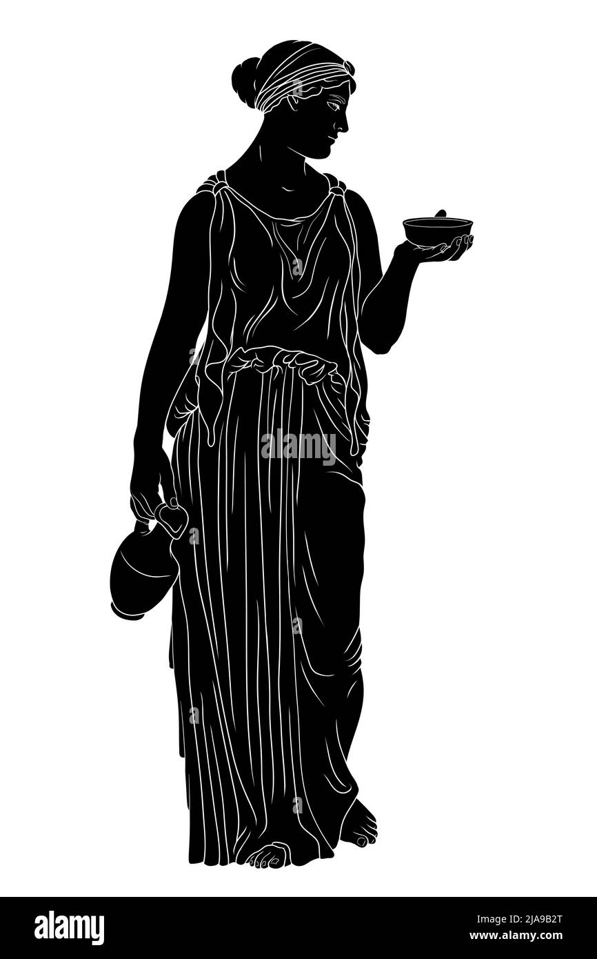 A young slender ancient Greek woman stands and holds a jug of wine and a bowl. Stock Vector