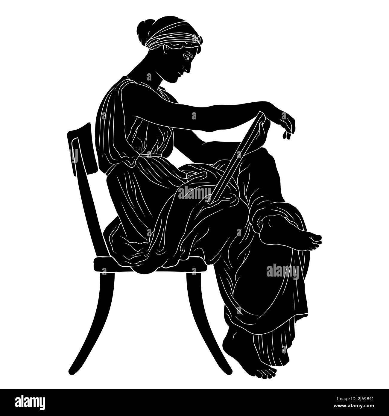 Ancient Greek Woman sits on a chair holding a manuscript in her hands and reads. Stock Vector