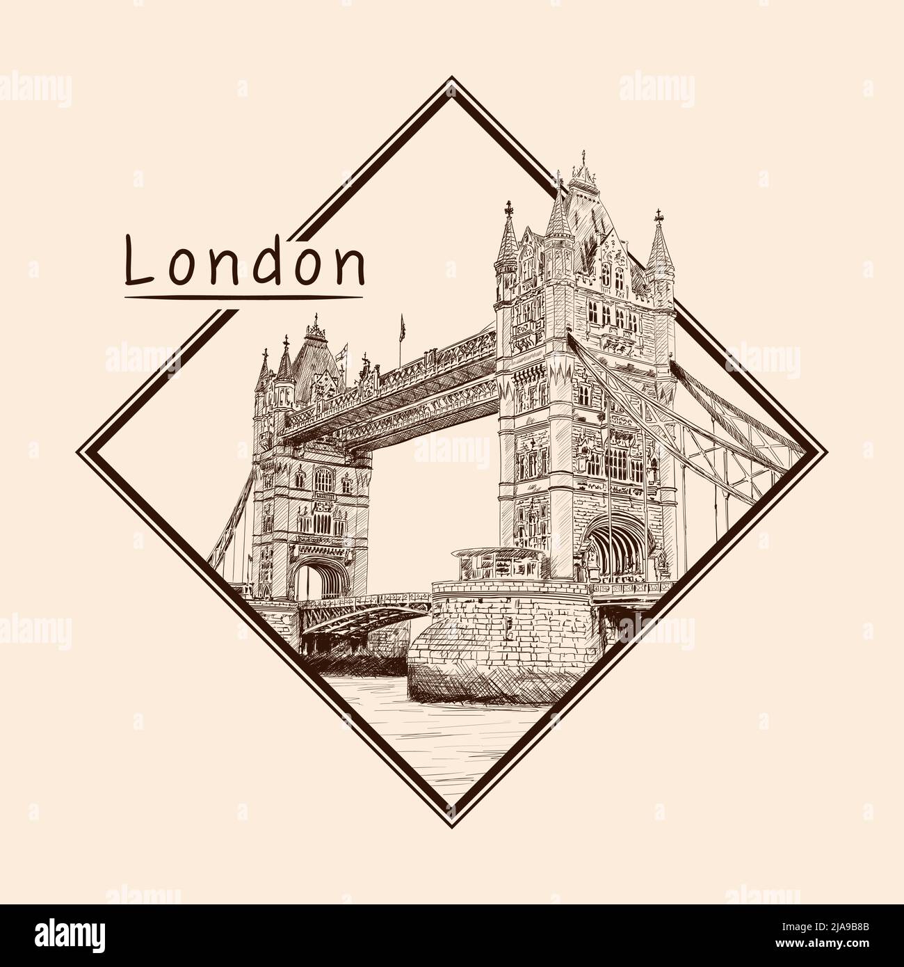 Tower Bridge in London across the River Thames. Pencil sketch on a beige background. Emblem in a rectangular frame and an inscription. Stock Vector