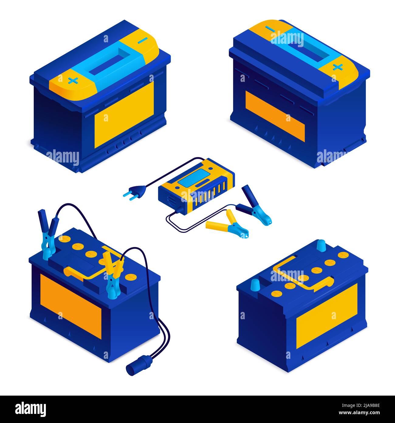 Emergency power jump starter clip connection wire kit clamps blue car battery isometric set