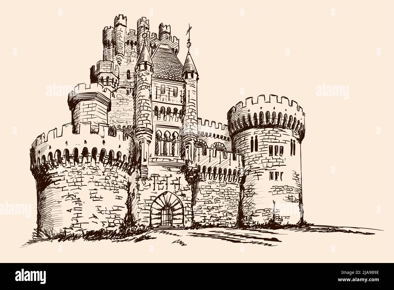 Medieval stone castle with towers on the plain. Stock Vector