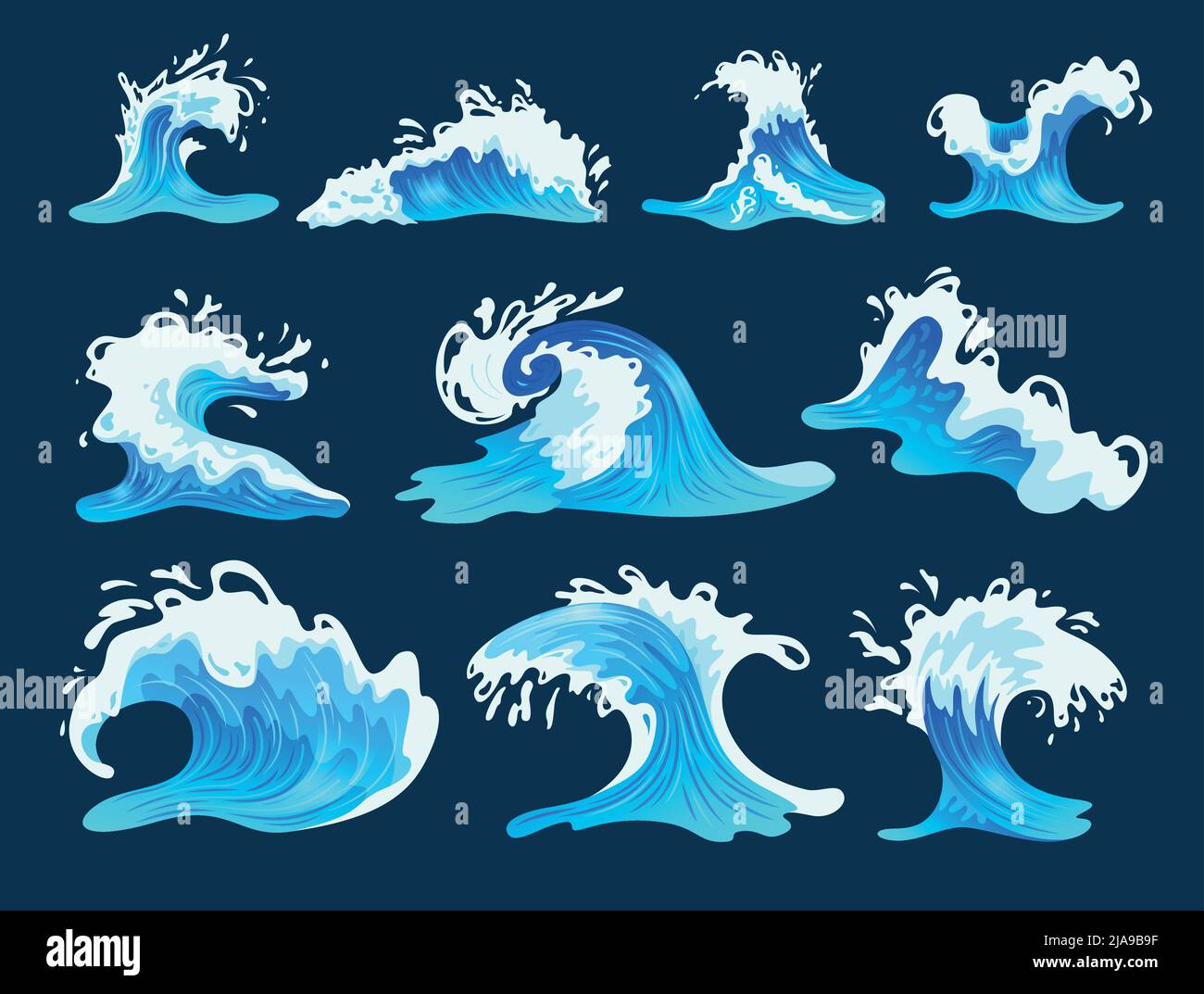 Flat set of sea or ocean waves isolated on dark blue background vector ...