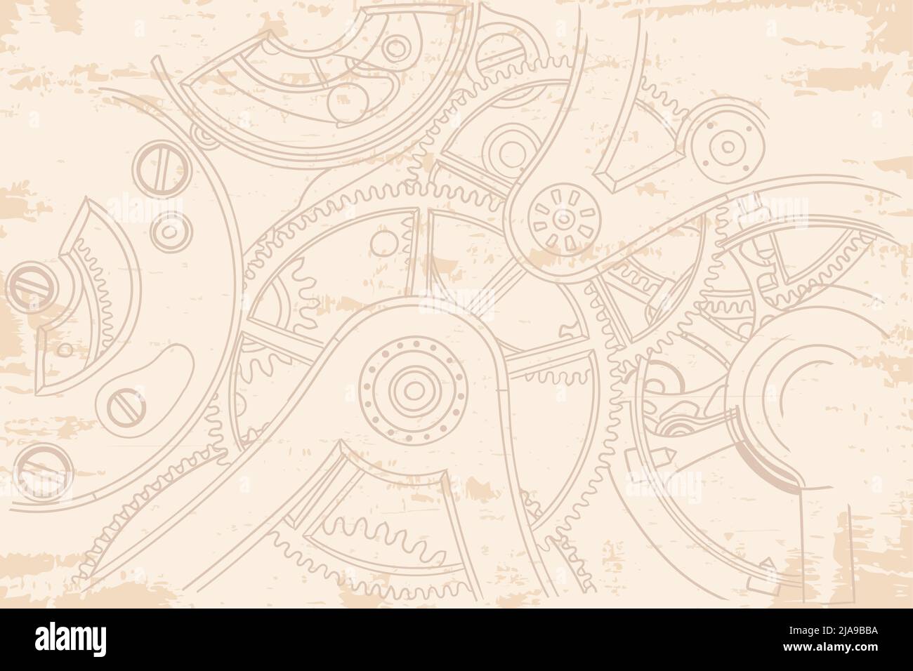 Vintage old beige background with gears from the clockwork. Stock Vector