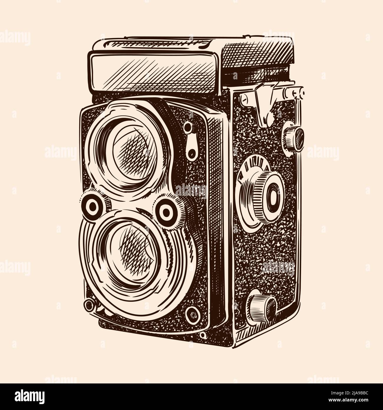 Old vintage camera with two lenses isolated on a beige background. Stock Vector