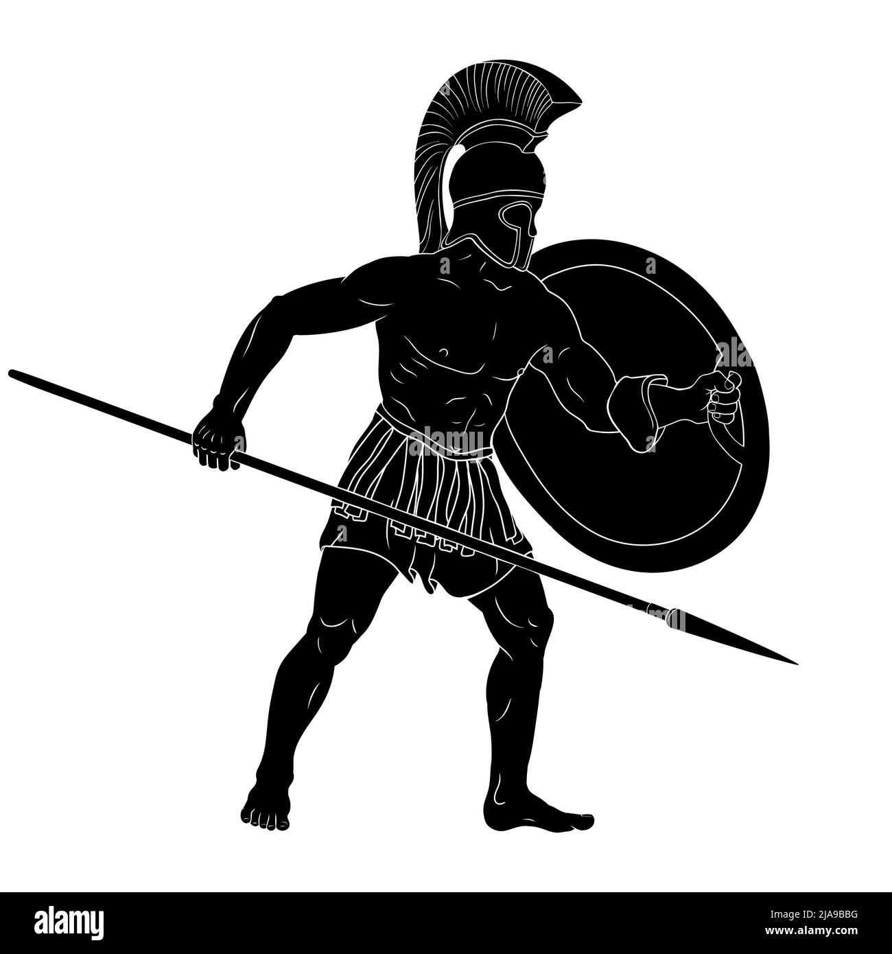 Roman Empire warrior in armor and a helmet with a weapon in hand stands ready for attack and defense isolated on white background. Stock Vector