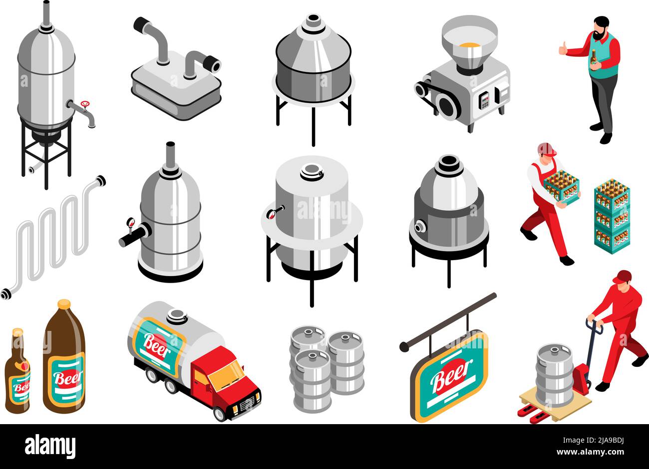 Brewhouse brewery equipment production workers isometric set with mill