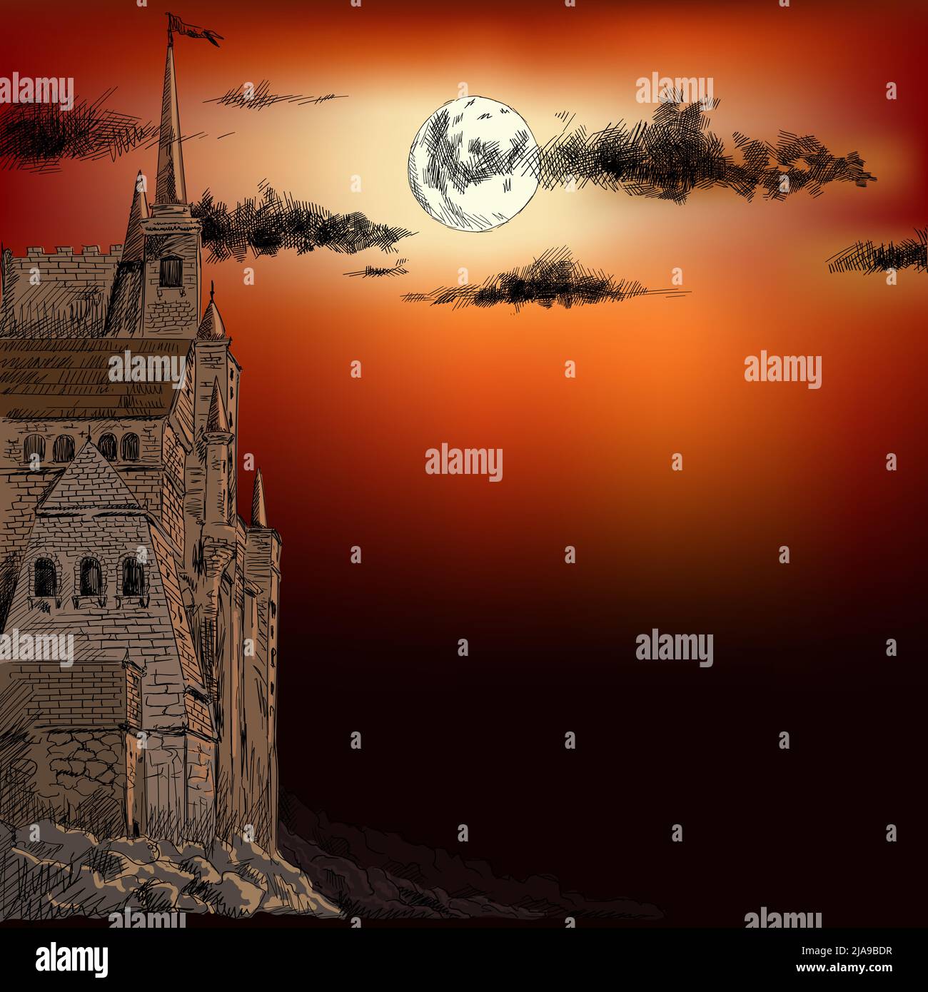 A medieval fairy-tale castle on a stone cliff against a bright moon and clouds. Stock Vector
