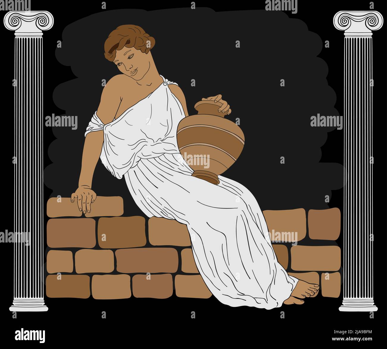 A young ancient Greek woman sits on a stone parapet and holds a jug of wine in her hand. Stock Vector