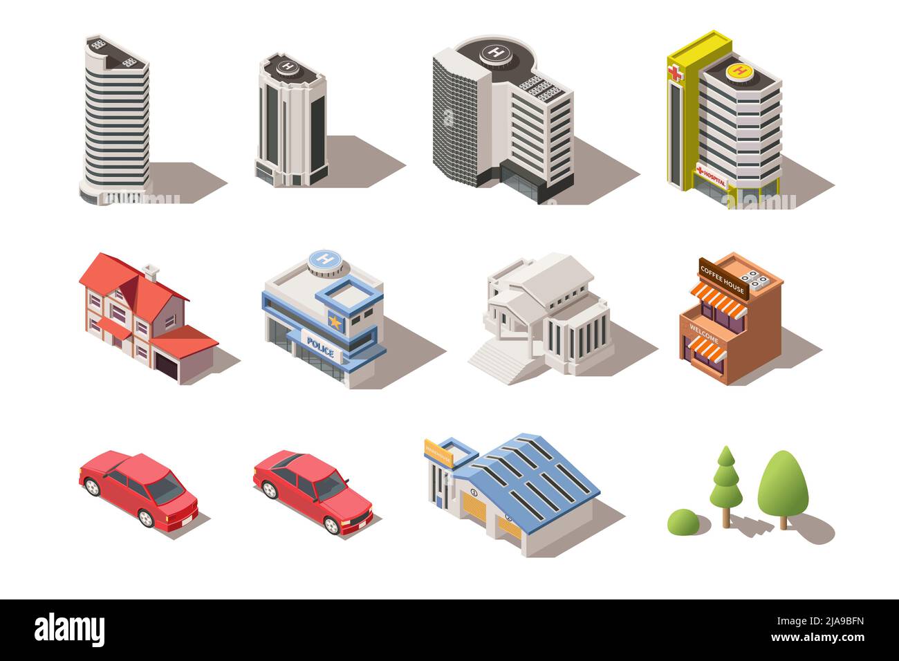 Isometric set of modern city elements with buildings vehicles trees ...