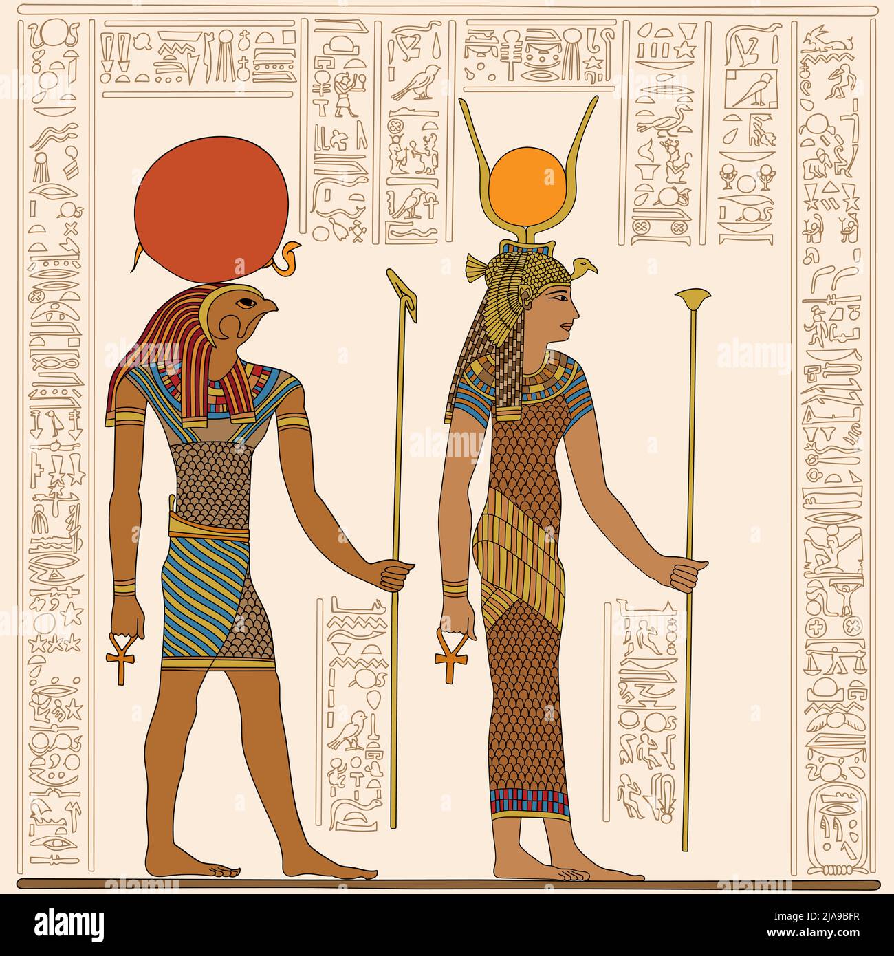 Ancient Egyptian papyrus depicting two figures with scepter in their hands. Hieroglyphs signs and symbols on the wall. Stock Vector