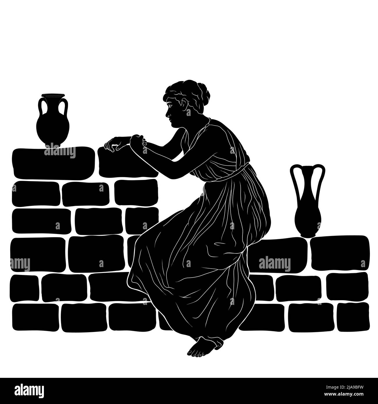 A young ancient Greek woman sits on a stone parapet with two jugs of wine. Stock Vector