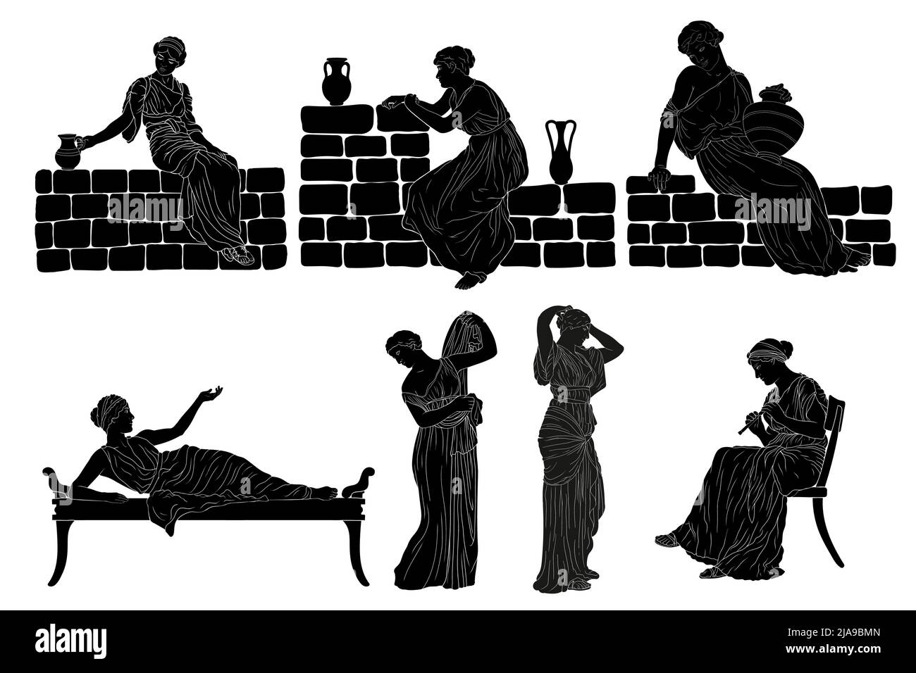 A young ancient Greek woman with jugs of wine. Stock Vector