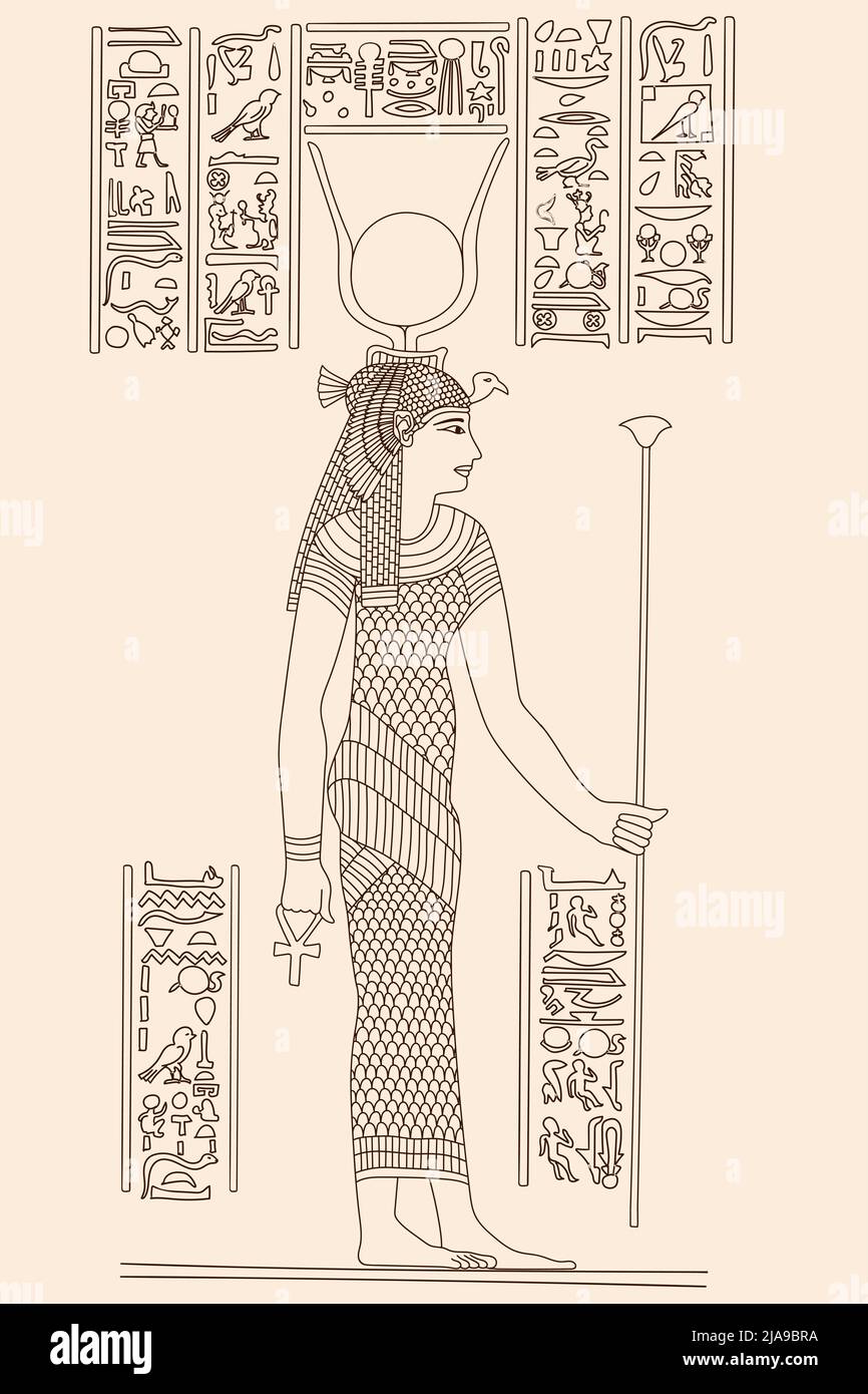 Ancient Egyptian papyrus depicting a young woman holding a scepter in her hands. Hieroglyphs signs and symbols on the wall. Stock Vector