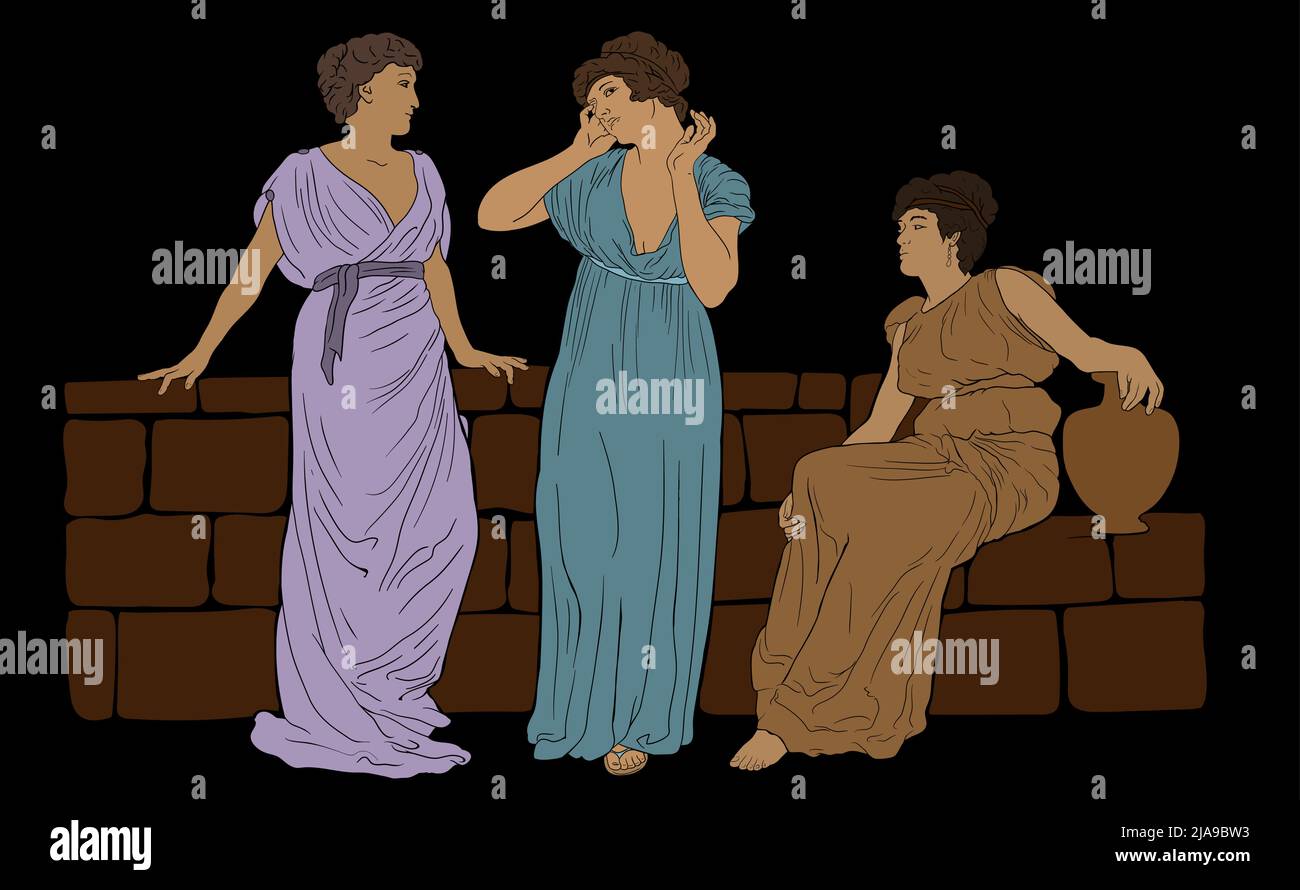 Three ancient Greek women in tunics near a stone parapet are having a dialogue. Vector illustration in vintage style. Stock Vector