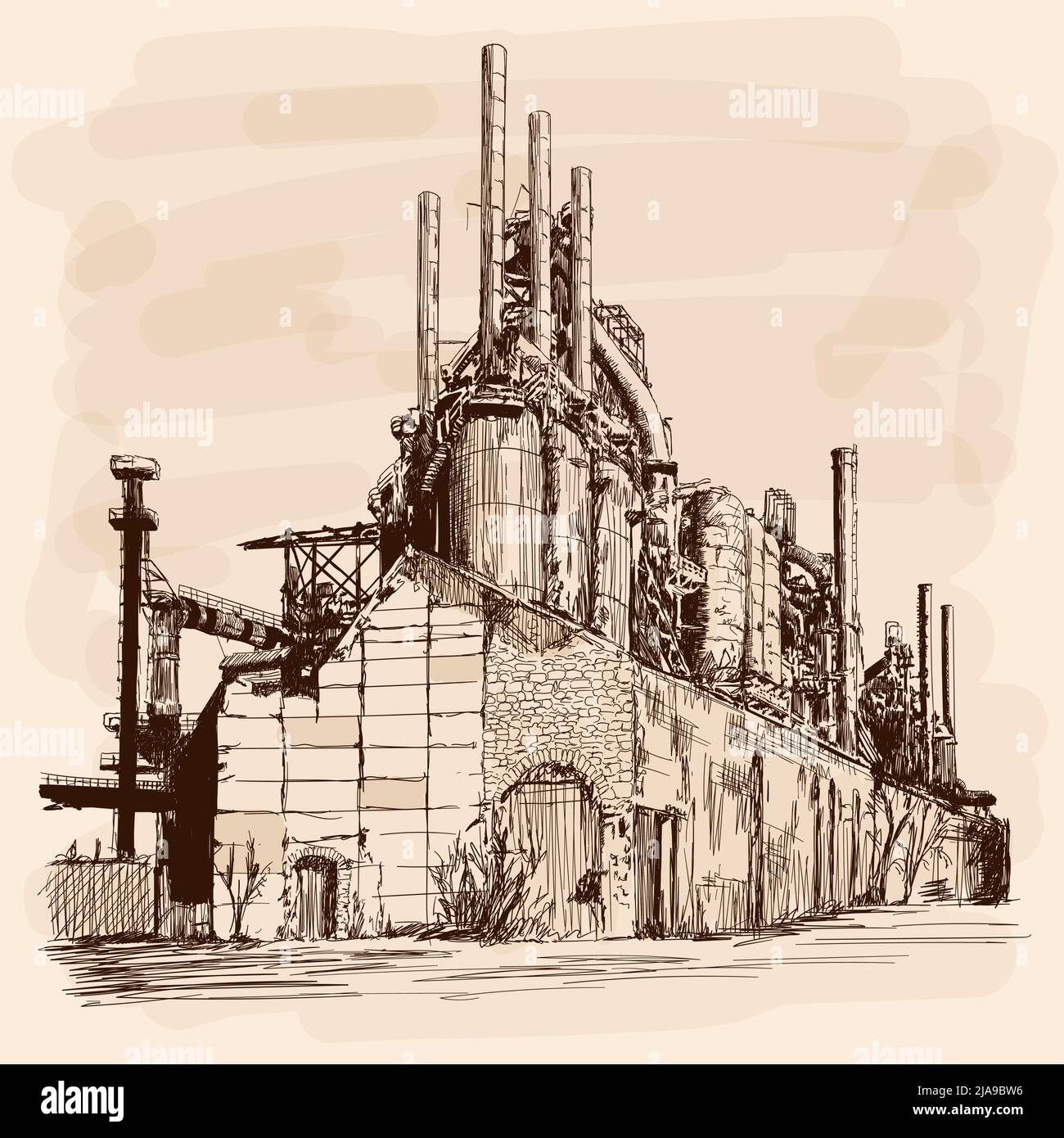 Industrial landscape with an old destroyed factory. Hand sketch on a beige background. Stock Vector