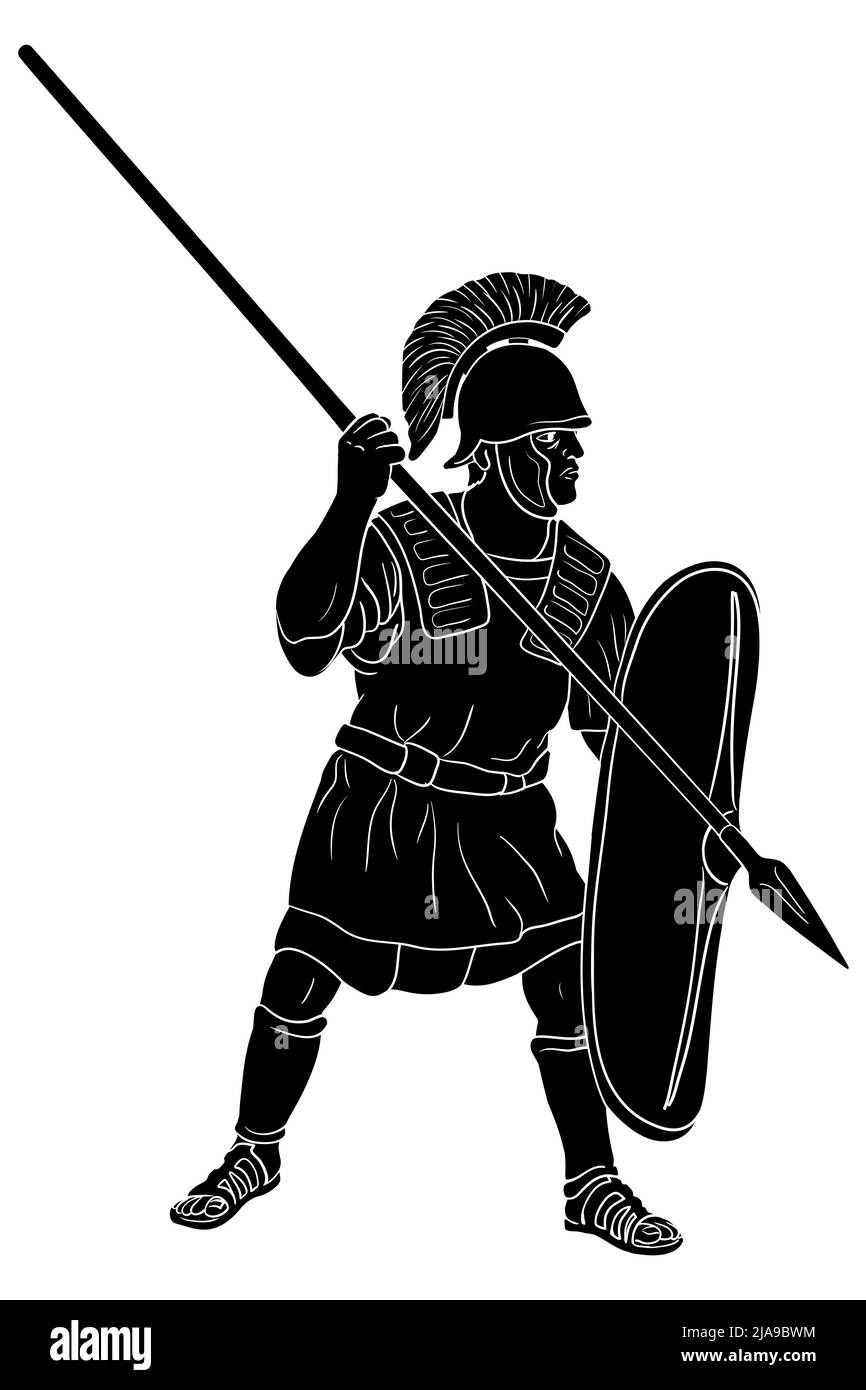 Ancient Roman warrior with a spear and shield in his hands is standing ready to attack. Vector illustration isolated on white background. Stock Vector