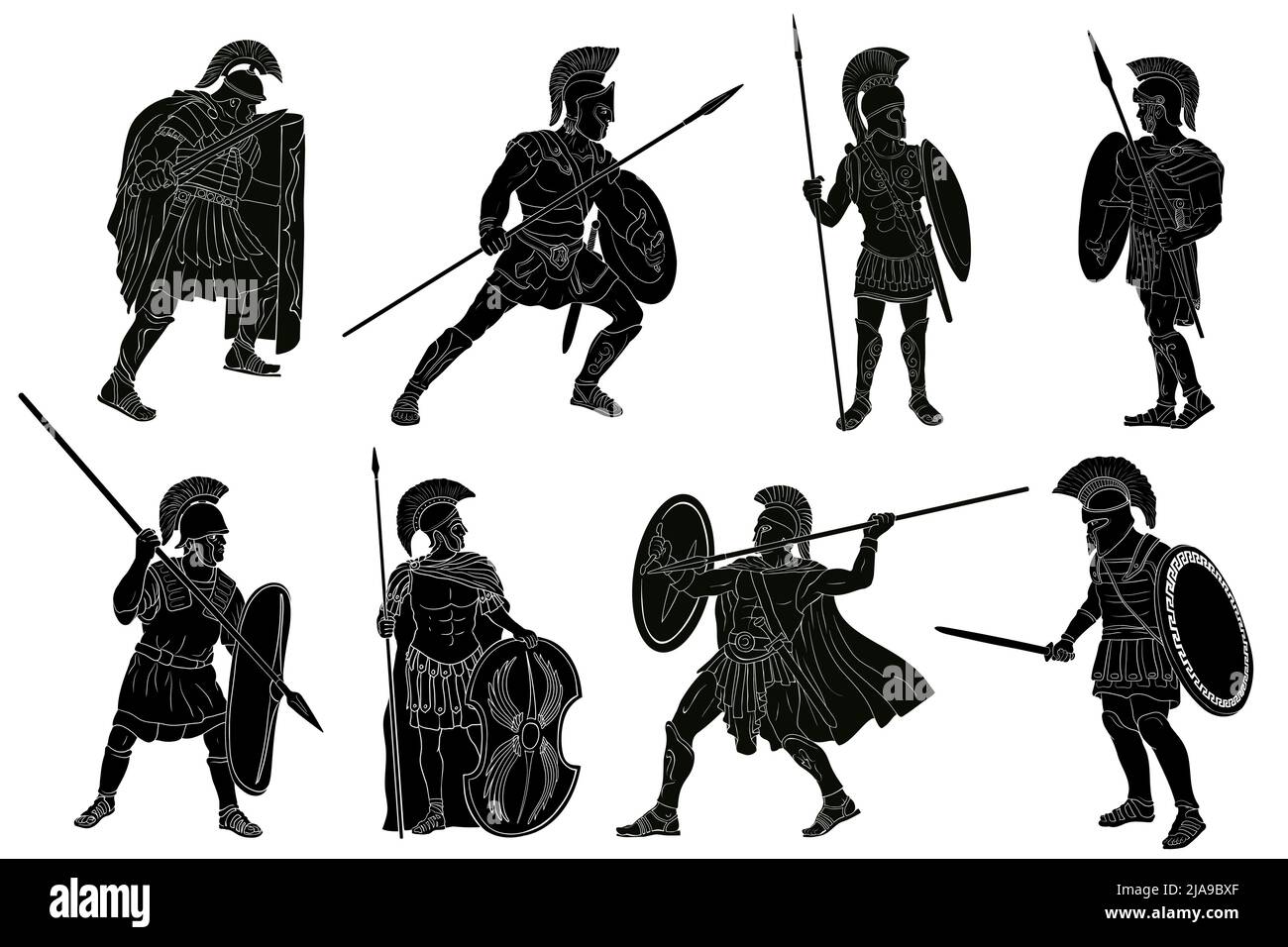 Ancient Roman warrior with a spear and shield in his hands is standing and looking away. Set of vector illustration isolated on white background. Stock Vector