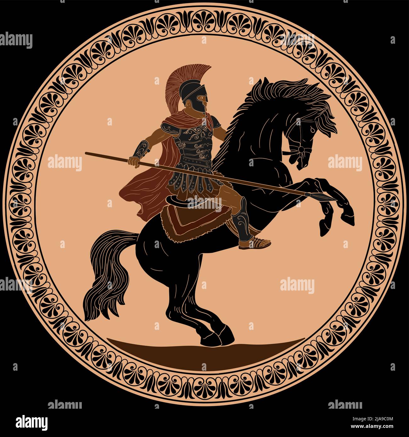 Ancient Roman warrior with a spear in his hands is riding a horse ready to attack. Vector illustration Antique painting on the dishes. Stock Vector