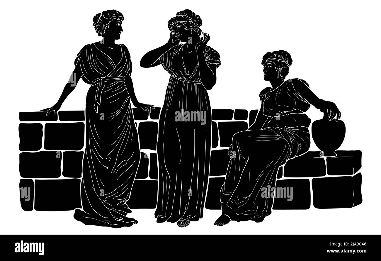 Three ancient Greek women in tunics near a stone parapet are having a dialogue. Vector illustration in vintage style. Stock Vector