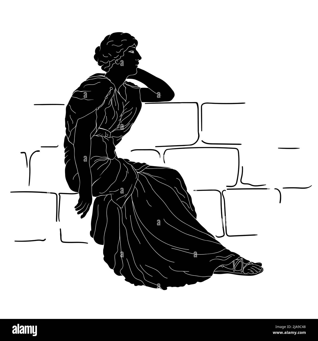A young Greek woman in a tunic sits on a stone parapet and looks away. Stock Vector