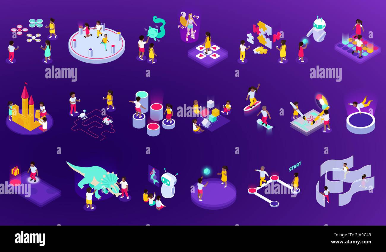Set of isolated modern futuristic playground icons with isometric ...