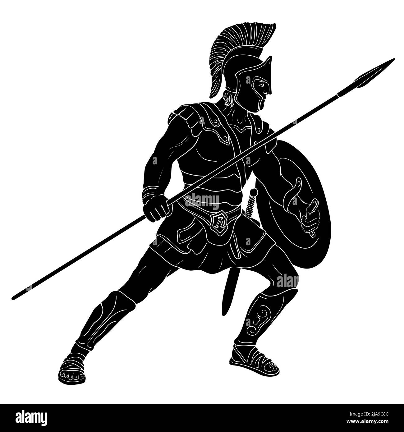 Ancient Roman warrior with a spear and shield in his hands is standing ready to attack. Vector illustration isolated on white background. Stock Vector