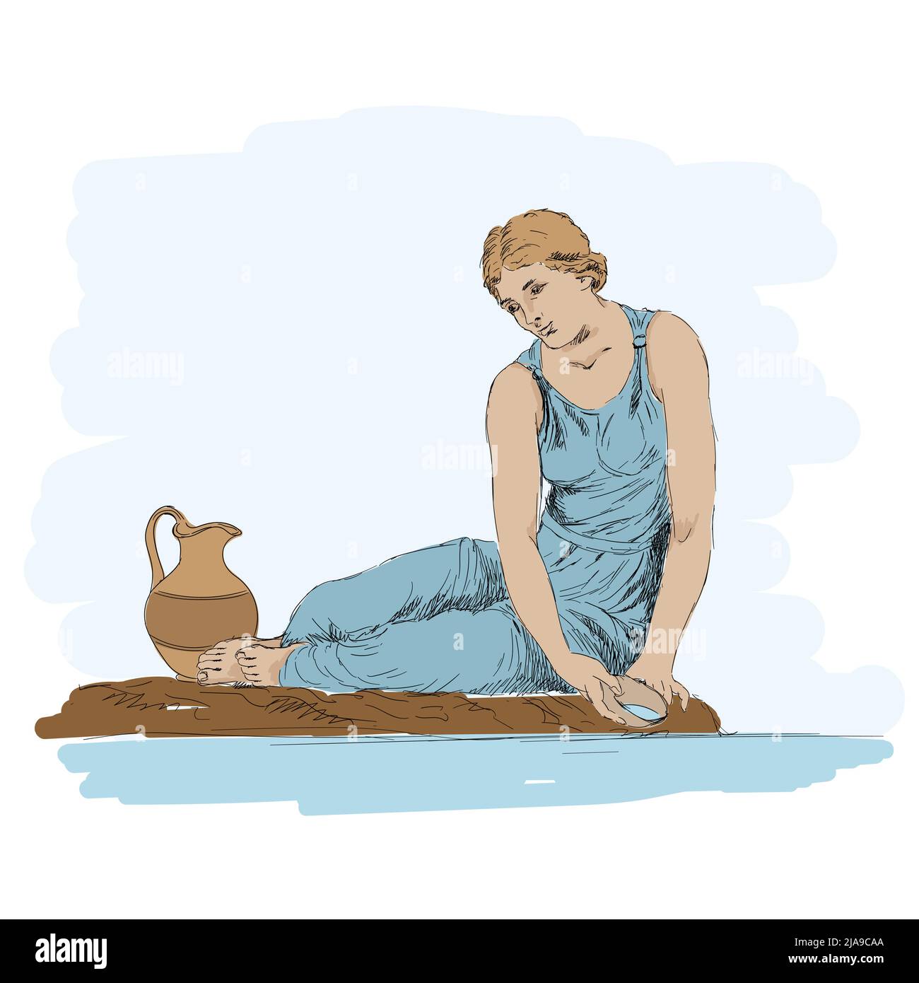 An ancient Greek young woman sits on the shore of a pond and draws water into a jug. Stock Vector