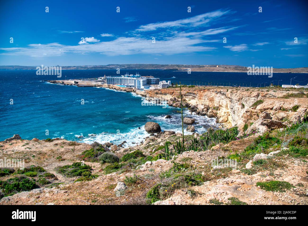 Beautiful coastline of Malta on a sunny spring day, aerial view Stock Photo