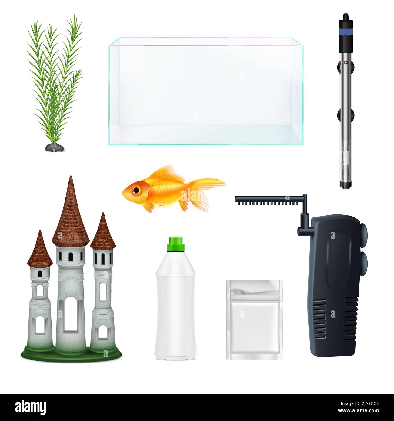 Realistic set with empty aquarium goldfish plant bottle decoration and equipment isolated on white background vector illustration Stock Vector