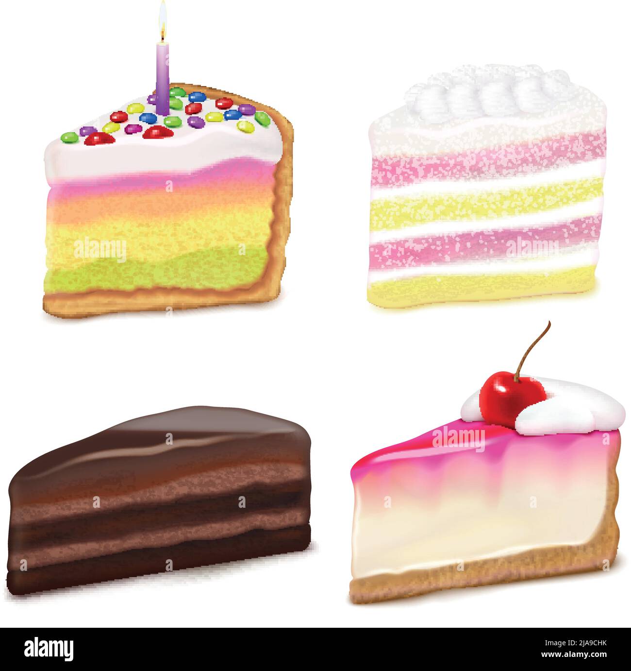 Realistic set with four pieces of chocolate berry cream birthday cakes 2x2 design concept isolated vector illustration Stock Vector