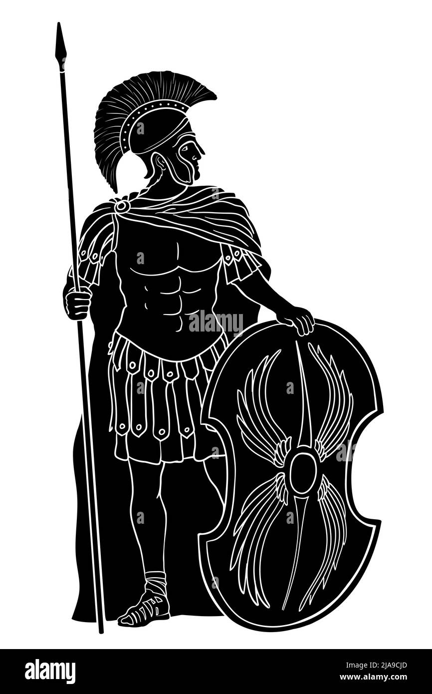 Ancient Roman warrior with a spear and shield in his hands is standing and looking away. Vector illustration isolated on white background. Stock Vector