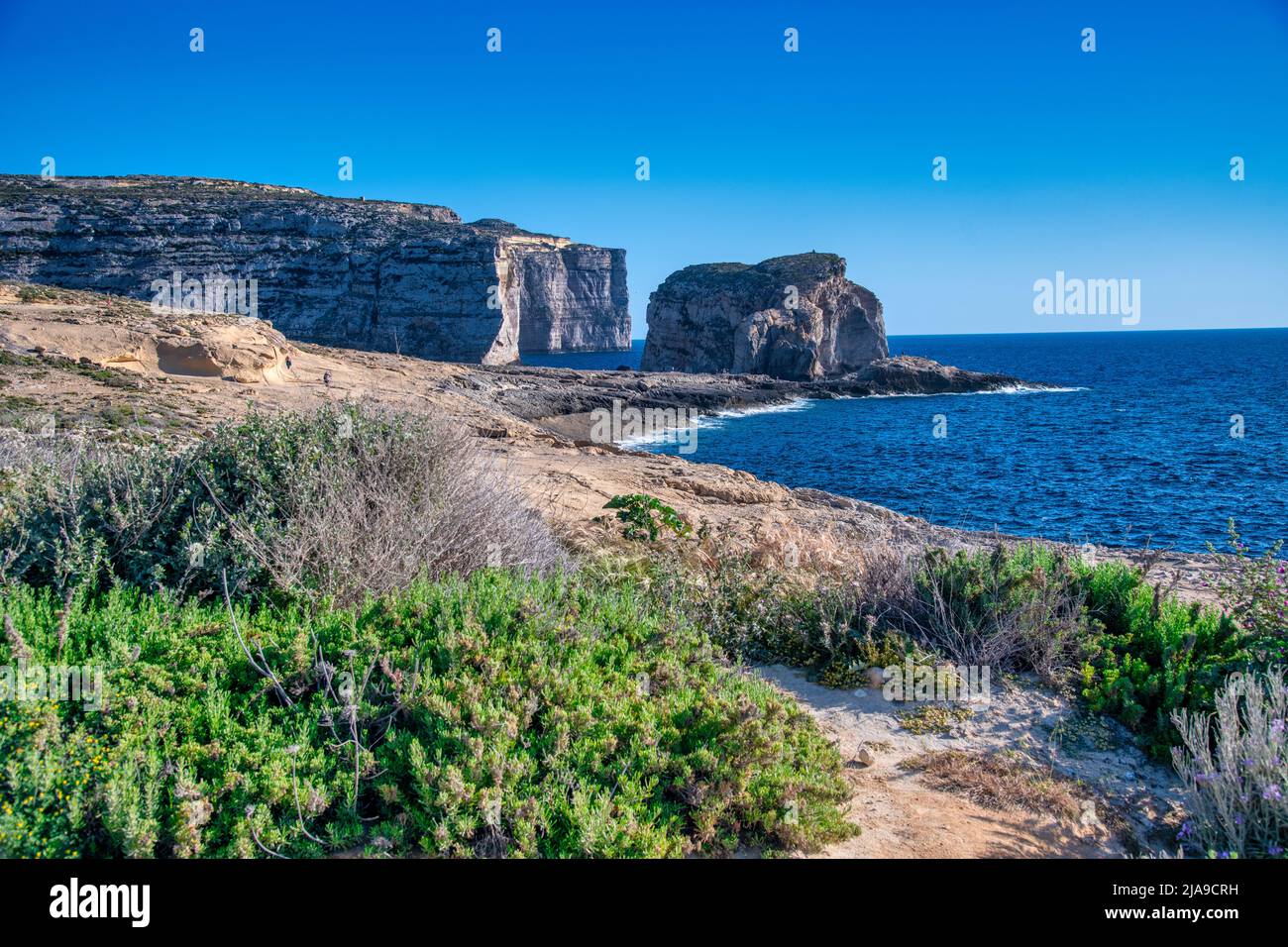 Aerial view of Dwejra Bay in Gozo on a beautiful sunny day. Stock Photo