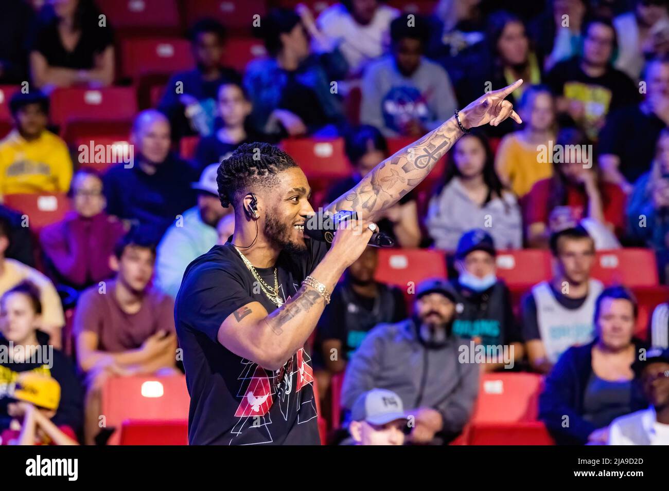 Edmonton, Canada. 27th May, 2022. Edmonton Rapper OG Jonah performs during the Half-Time at the Edmonton Stingers home opener at Edmonton Expo Centre. Credit: SOPA Images Limited/Alamy Live News Stock Photo