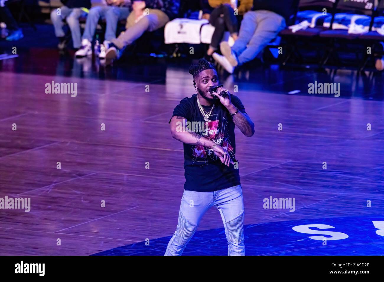 Edmonton, Canada. 27th May, 2022. Edmonton Rapper OG Jonah performs during the Half-Time at the Edmonton Stingers home opener at Edmonton Expo Centre. Credit: SOPA Images Limited/Alamy Live News Stock Photo