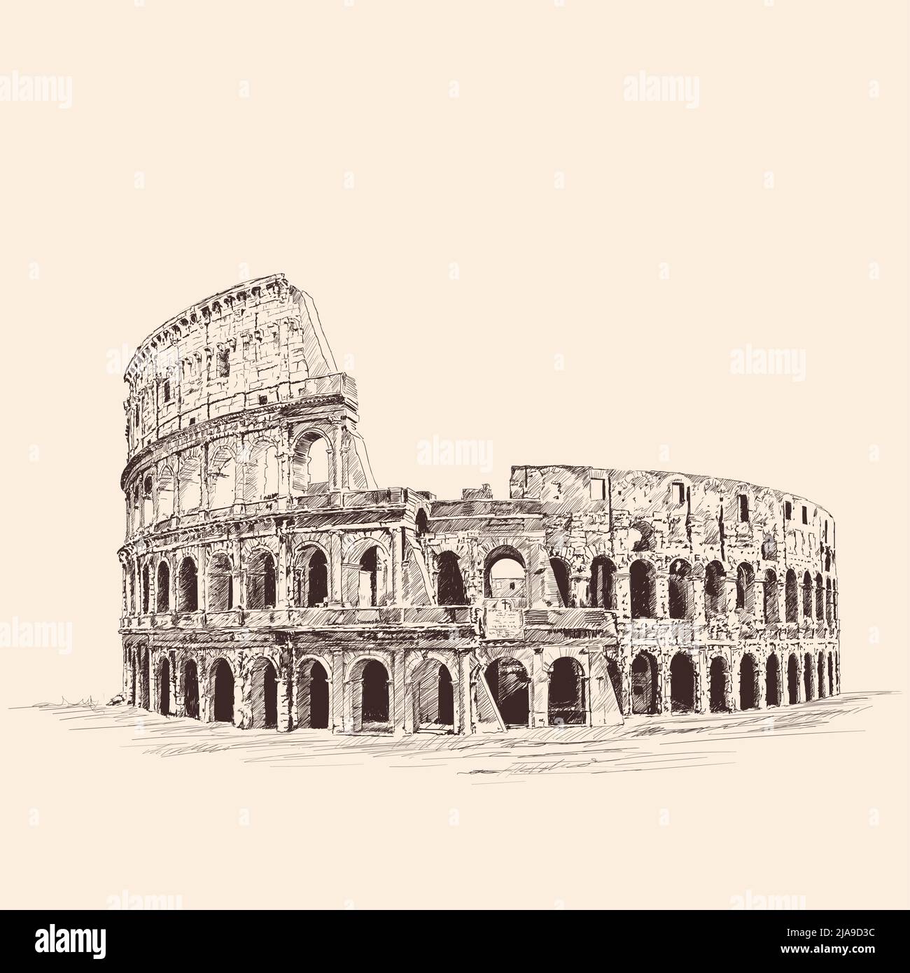 Monument of Italian architecture Colosseum. Pencil sketch on a beige ...