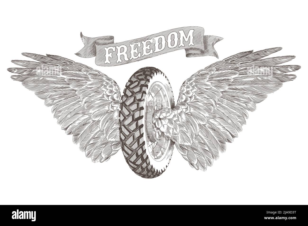 A motorcycle wheel, two open feather wings of birds and a ribbon with the inscription freedom. Vector illustration isolated on white background. Stock Vector